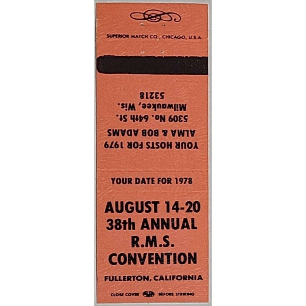 Vintage Matchbook Cover RMS 38th Annual Convention 1978 Fullerton CA Orange